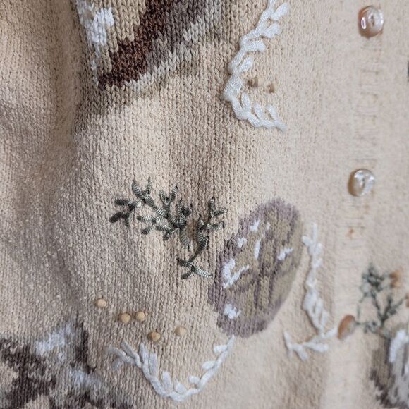 VINTAGE 90s cardigan ivory shell beach button up beaded sweater S - Picture 4 of 9